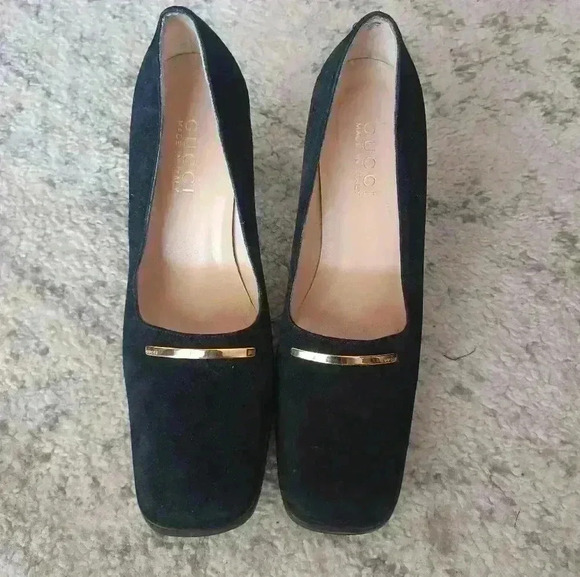 Gucci Scarpa Elegante Pelle Guarn. Met. Suola Cuio Block Heel Pump 7 - Picture 2 of 16